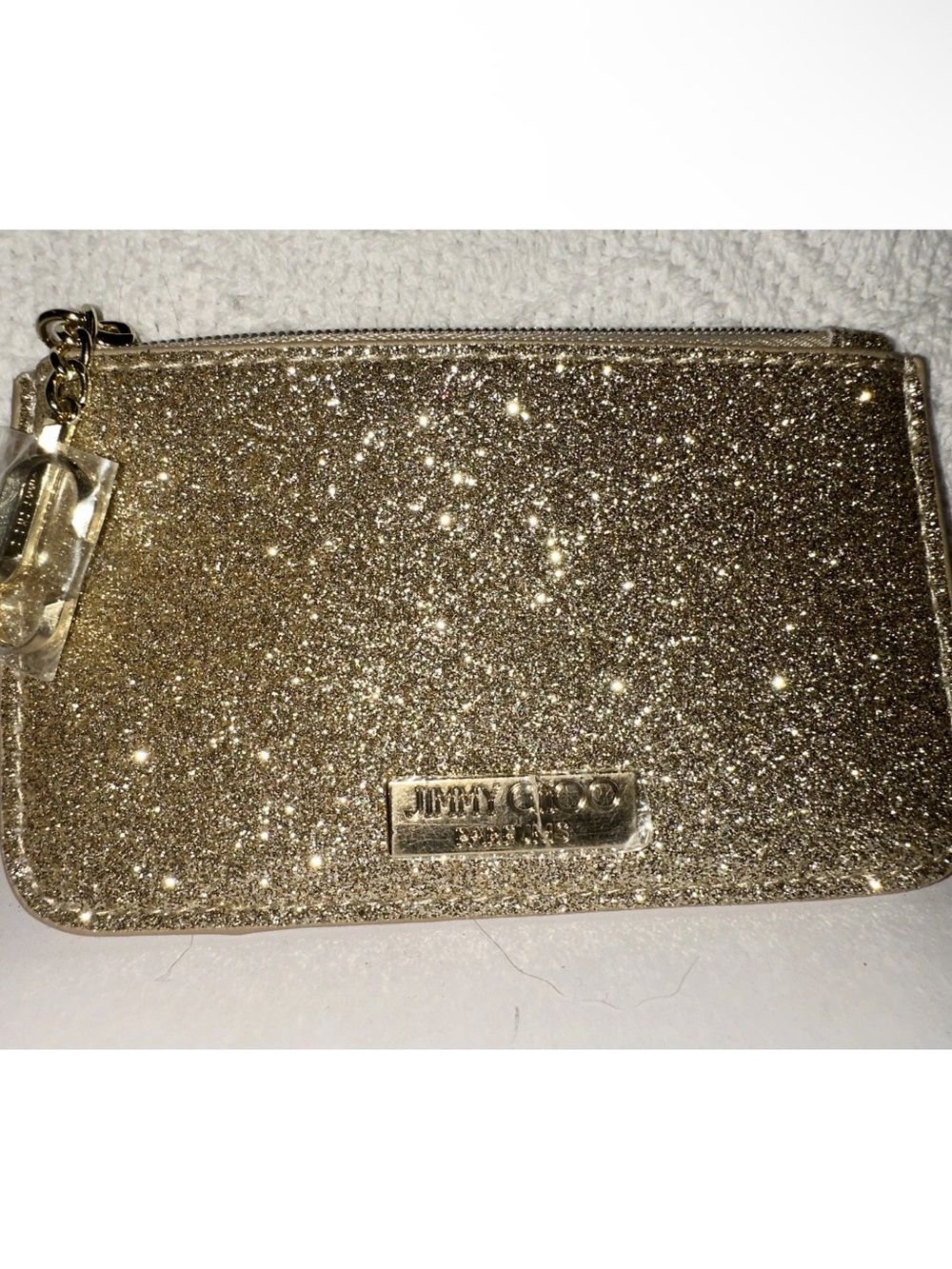 Jimmy Choo Gold Glitter Zip card case Pouch new 5x3